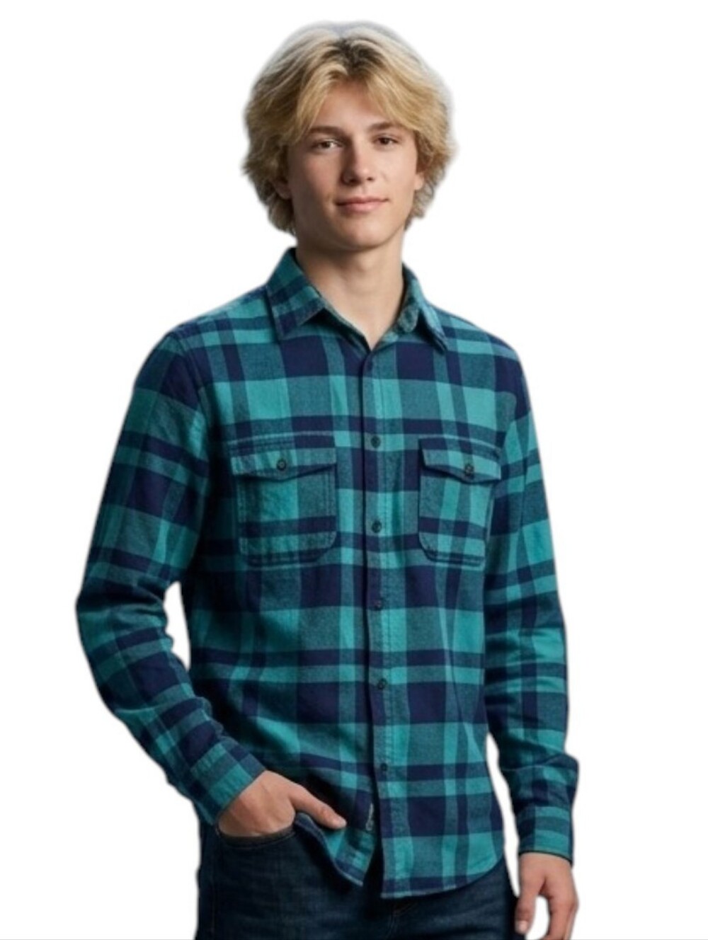 Merona Men's Small Plaid Flannel Button Down Shirt Teal Navy Blue Double Pocket